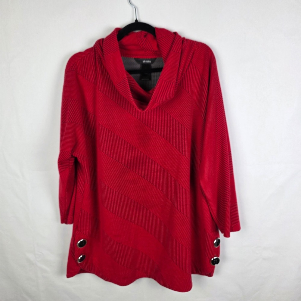 Ali Miles Red Black Pinstripe Cowl Neck Tunic Top Button Detail XL